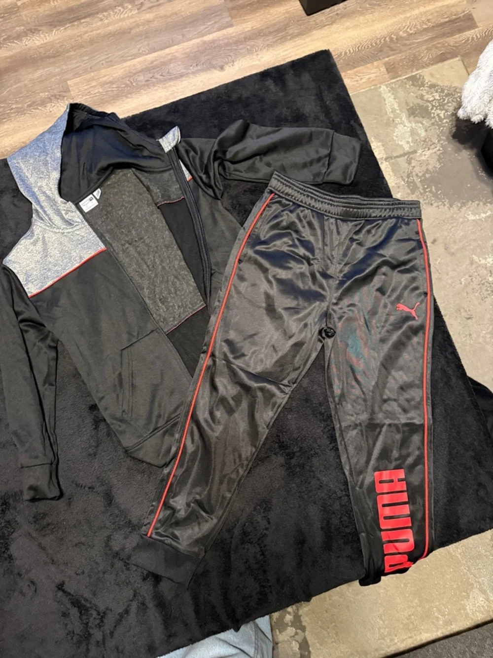 Puma Black & Gray Zip Hoodie with Black Track Pants and Red Accents - Picture 2 of 4